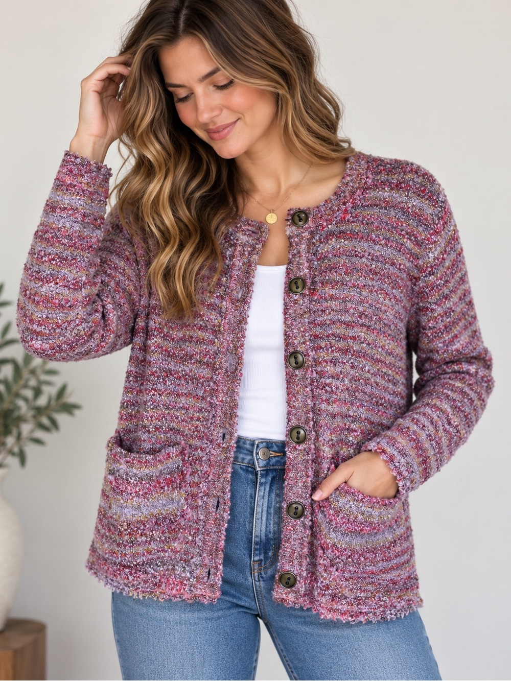 Matilda Jane Paint by Numbers Multicolor Bouclé Knit Cardigan Sweater Medium